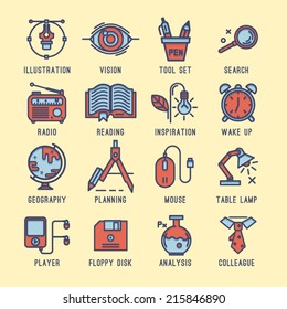 A set of office icons. School, Education, compass, book, pen tool, vision, view, search, chemistry, science, inspiration, planning, floppy disk,table lamp, player, radio, alarm clock.