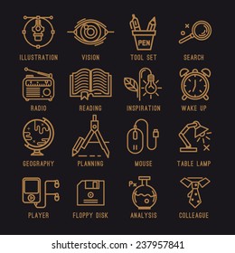 A set of office icons. School, Education, compass, book, pen tool, vision, view, search, chemistry, science, inspiration, planning, floppy disk,table lamp, player, radio, alarm clock.