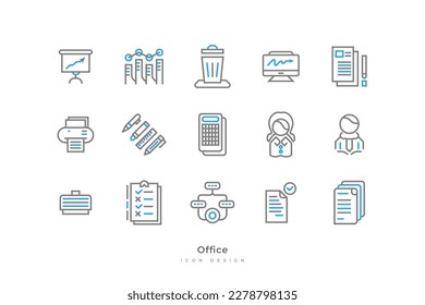 Set of Office Icons with Simple Line Style. Contains Stationery, Document, Computer, Printer, Man, Women, Briefcase and More