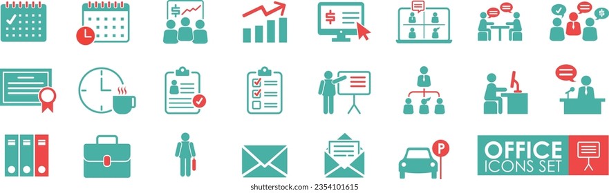 Set of Office icons Solid icon simple style. Employee, conference, project, document, business, work, support, contact us, productivity strategy, Vector illustration.