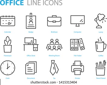 set of office icons, such as document, computer, calendar