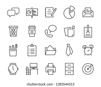 Set Of Office Icons, Such As Meeting Room, Document, Coffee, Paper, Pen, Laptop