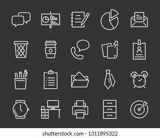 set of office icons, such as meeting room, document, coffee, paper, pen, laptop