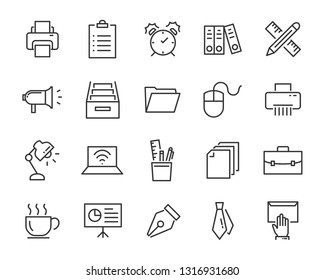 set of office icons, such as meeting room, document, coffee, paper, pen, laptop