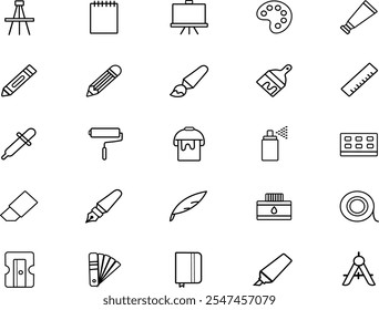 Set of office icons and tools, stationery which includes paper, pens, pencils, envelopes, paint, office supplies. Writing utensils icons, office tools, school supplies set, office icons