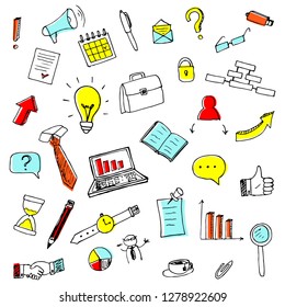 Set of office illustrations. Vector cartoon doodles. Isolated objects on a white background. Hand-drawn style.