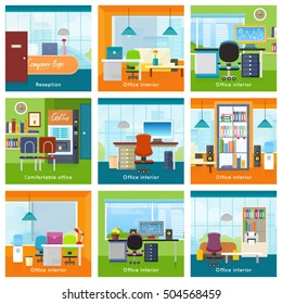 Set of office interior concept vectors. Flat style. Bright rooms with modern furniture, workplaces and urban view from window. Comfortable workplace. Illustration of modern business apartment design. 