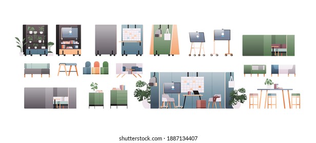 set office interior furniture different cabinet elements collection horizontal flat vector illustration