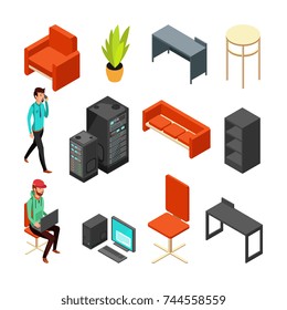 Set of office isometric icons. Computers, server, plant and technical staff. Flat vector illustration server computer for internet network