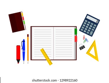 Set of office items: copybook, notebook with pen and pencil, marker, calculator, rulers and paper clips