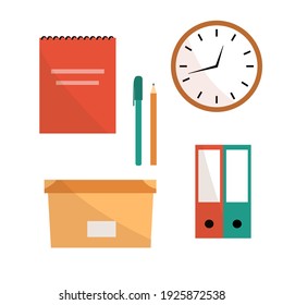 Conjunto de elementos de oficina en un fondo blanco. Ilustración vectorial con concepto de trabajo de oficina. Perfecto como iconos en un sitio web o en redes sociales