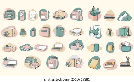 Set of office items and tools, doodle drawing vector illustration background full color