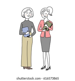 Set of office lady at workplace such as two colleagues talking during break time, cute women holding paperwork and folders. Vector illustration with hand-drawn style.