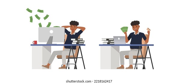 Set of office man character vector design. Presentation in various action. People working in office planning, thinking and economic analysis. Businessman on isolated white background illustration.