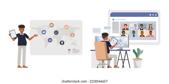 Set of office man character vector design. Presentation in various action. People working in office planning, thinking and economic analysis. Businessman on isolated white background illustration.