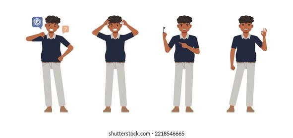 Set of office man character vector design. Presentation in various action. People working in office planning, thinking and economic analysis. Businessman on isolated white background illustration.