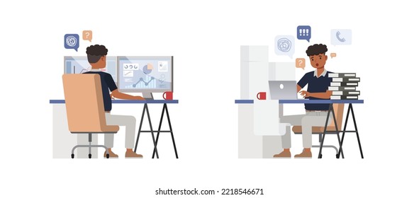 Set of office man character vector design. Presentation in various action. People working in office planning, thinking and economic analysis. Businessman on isolated white background illustration.