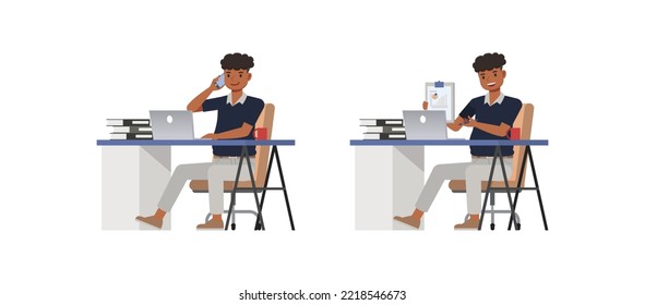 Set of office man character vector design. Presentation in various action. People working in office planning, thinking and economic analysis. Businessman on isolated white background illustration.