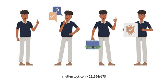Set of office man character vector design. Presentation in various action. People working in office planning, thinking and economic analysis. Businessman on isolated white background illustration.