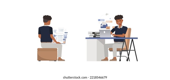 Set of office man character vector design. Presentation in various action. People working in office planning, thinking and economic analysis. Businessman on isolated white background illustration.