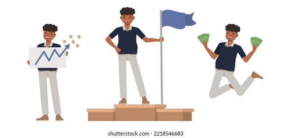 Conjunto de diseño vectorial de carácter de hombre de oficina. Presentación en diversas acciones. Personas que trabajan en planificación de oficinas, pensamiento y análisis económico. Empresario en ilustraciones aisladas de fondo blanco.