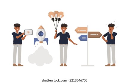 Conjunto de diseño vectorial de carácter de hombre de oficina. Presentación en diversas acciones. Personas que trabajan en planificación de oficinas, pensamiento y análisis económico. Empresario en ilustraciones aisladas de fondo blanco.