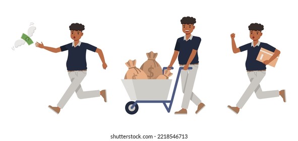 Set of office man character vector design. Presentation in various action. People working in office planning, thinking and economic analysis. Businessman on isolated white background illustration.