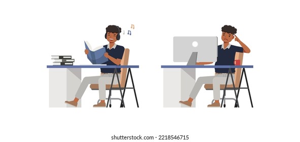 Set of office man character vector design. Presentation in various action. People working in office planning, thinking and economic analysis. Businessman on isolated white background illustration.