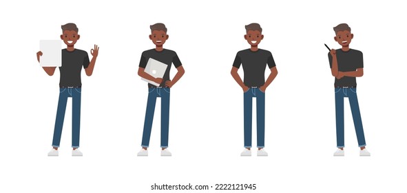 Set of office man wear black shirt character vector design. Presentation in various action. Businessman working in office planning, thinking and economic analysis on isolated white background.