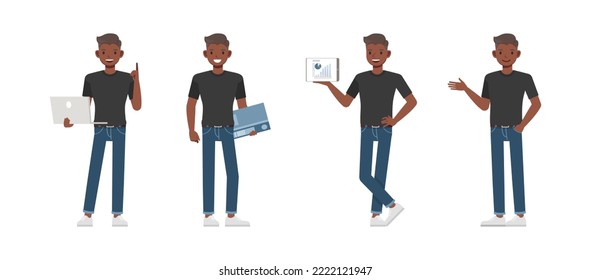 Set of office man wear black shirt character vector design. Presentation in various action. Businessman working in office planning, thinking and economic analysis on isolated white background.