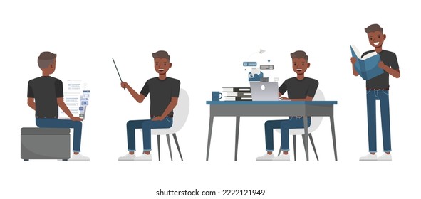 Set of office man wear black shirt character vector design. Presentation in various action. Businessman working in office planning, thinking and economic analysis on isolated white background.