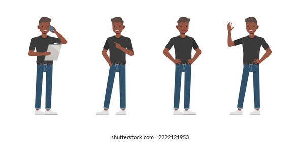 Set of office man wear black shirt character vector design. Presentation in various action. Businessman working in office planning, thinking and economic analysis on isolated white background.