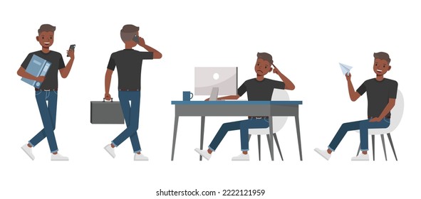 Set of office man wear black shirt character vector design. Presentation in various action. Businessman working in office planning, thinking and economic analysis on isolated white background.