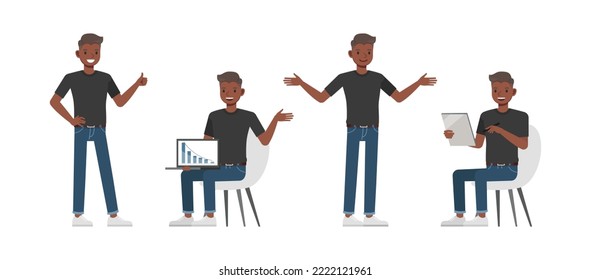 Set of office man wear black shirt character vector design. Presentation in various action. Businessman working in office planning, thinking and economic analysis on isolated white background.