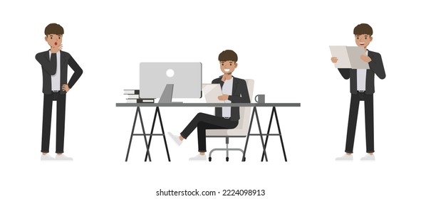 Set of office man wear black suit character vector design. Presentation in various action. Businessman working in office planning, thinking and economic analysis on isolated white background.