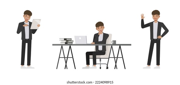 Set of office man wear black suit character vector design. Presentation in various action. Businessman working in office planning, thinking and economic analysis on isolated white background.