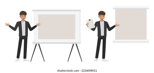 Set of office man wear black suit character vector design. Presentation in various action. Businessman working in office planning, thinking and economic analysis on isolated white background.