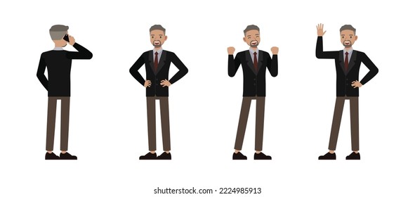 Set of office man wear black suit and red tie character vector design. Businessman working in office planning, thinking and economic analysis on isolated white background.
