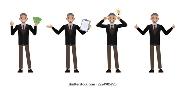 Set of office man wear black suit and red tie character vector design. Businessman working in office planning, thinking and economic analysis on isolated white background.