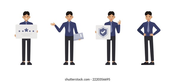 Set of office man wear blue shirt with tie character vector design. Presentation in various action. People working in office planning, thinking and economic analysis on isolated white background.