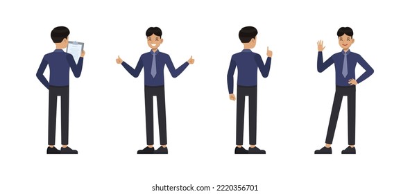 Set of office man wear blue shirt with tie character vector design. Presentation in various action. People working in office planning, thinking and economic analysis on isolated white background.