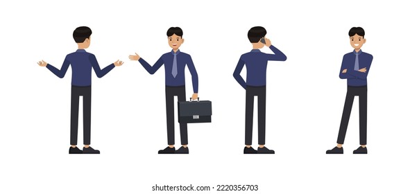 Set of office man wear blue shirt with tie character vector design. Presentation in various action. People working in office planning, thinking and economic analysis on isolated white background.