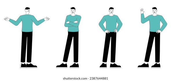 Set of office man wear blue shirt character flat and minimal vector illustration design style. Presentation in various action. People working in office planning, thinking and economic analysis.