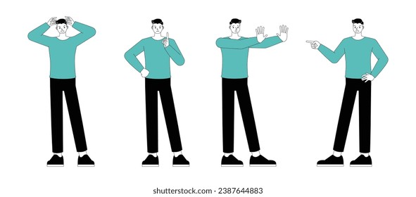 Set of office man wear blue shirt character flat and minimal vector illustration design style. Presentation in various action. People working in office planning, thinking and economic analysis.