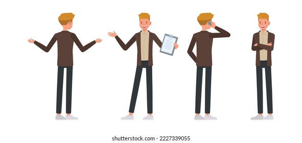 Set of office man wear brown suit character vector design. Presentation in various action. People working in office planning, thinking and economic analysis on isolated white background.