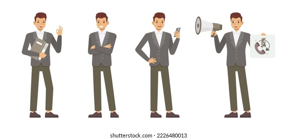 Set of office man wear grey suit character vector design. Presentation in various action. People working in office planning, thinking and economic analysis on isolated white background.