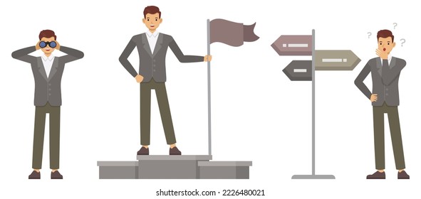 Set of office man wear grey suit character vector design. Presentation in various action. People working in office planning, thinking and economic analysis on isolated white background.