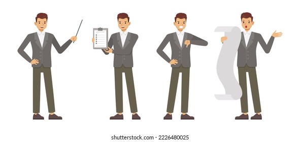 Set of office man wear grey suit character vector design. Presentation in various action. People working in office planning, thinking and economic analysis on isolated white background.