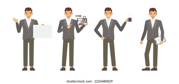 Set of office man wear grey suit character vector design. Presentation in various action. People working in office planning, thinking and economic analysis on isolated white background.