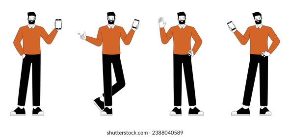 Set of office man wear orange shirt character flat and minimal vector illustration design style. Presentation in various action. People working in office planning, thinking and economic analysis.